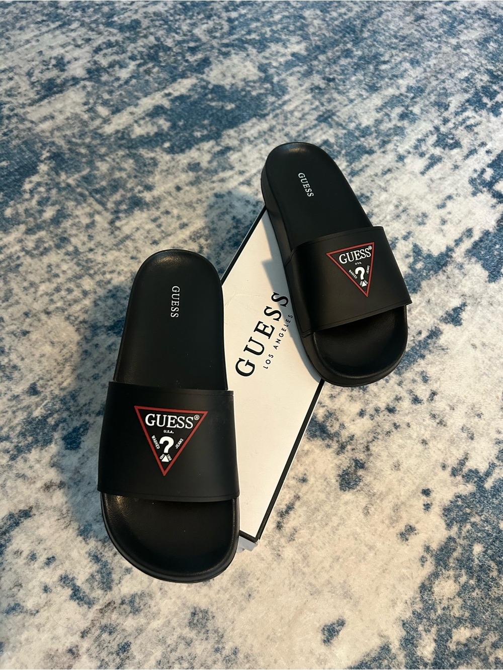 GUESS • Black Slide Sandals with Red Logo Triangle • 8 •